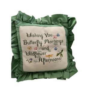 Cottagecore Cross Stitch Ruffle Pillow Green Floral Butterfly Quote Vintage